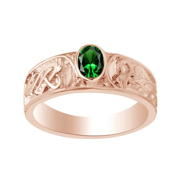 Green Emerald & Diamond 925 14K Yellow gold ring ~ Size 10 band Celtic wedding